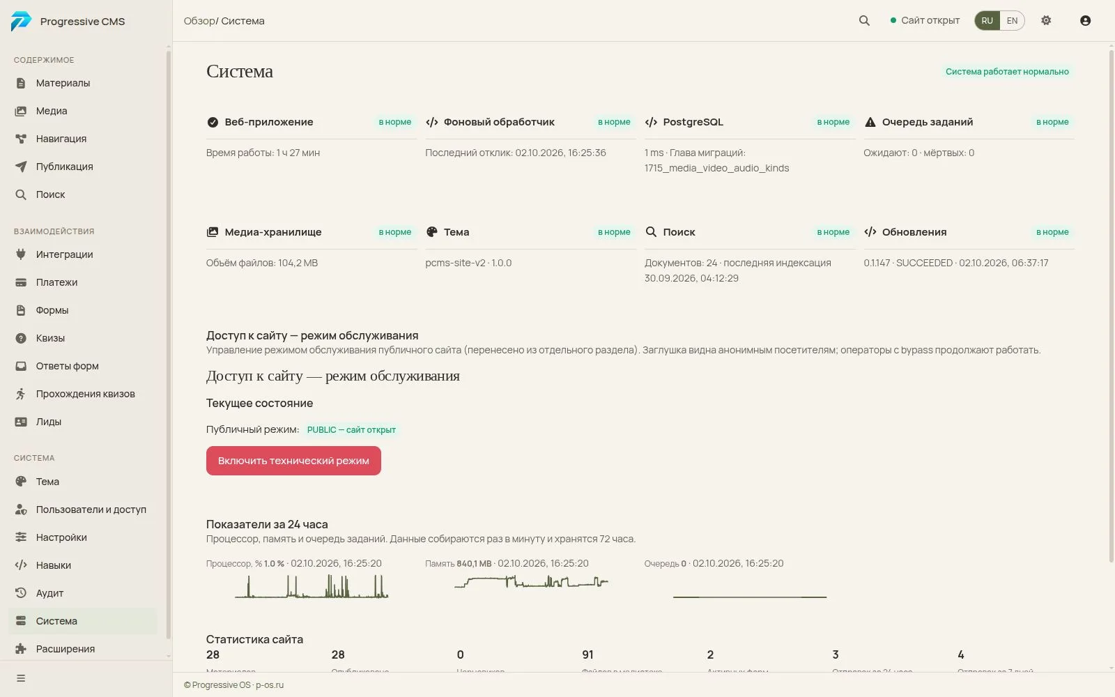 Состояние сервисов, обновлений и работы сайта в светлой админке Progressive CMS.
