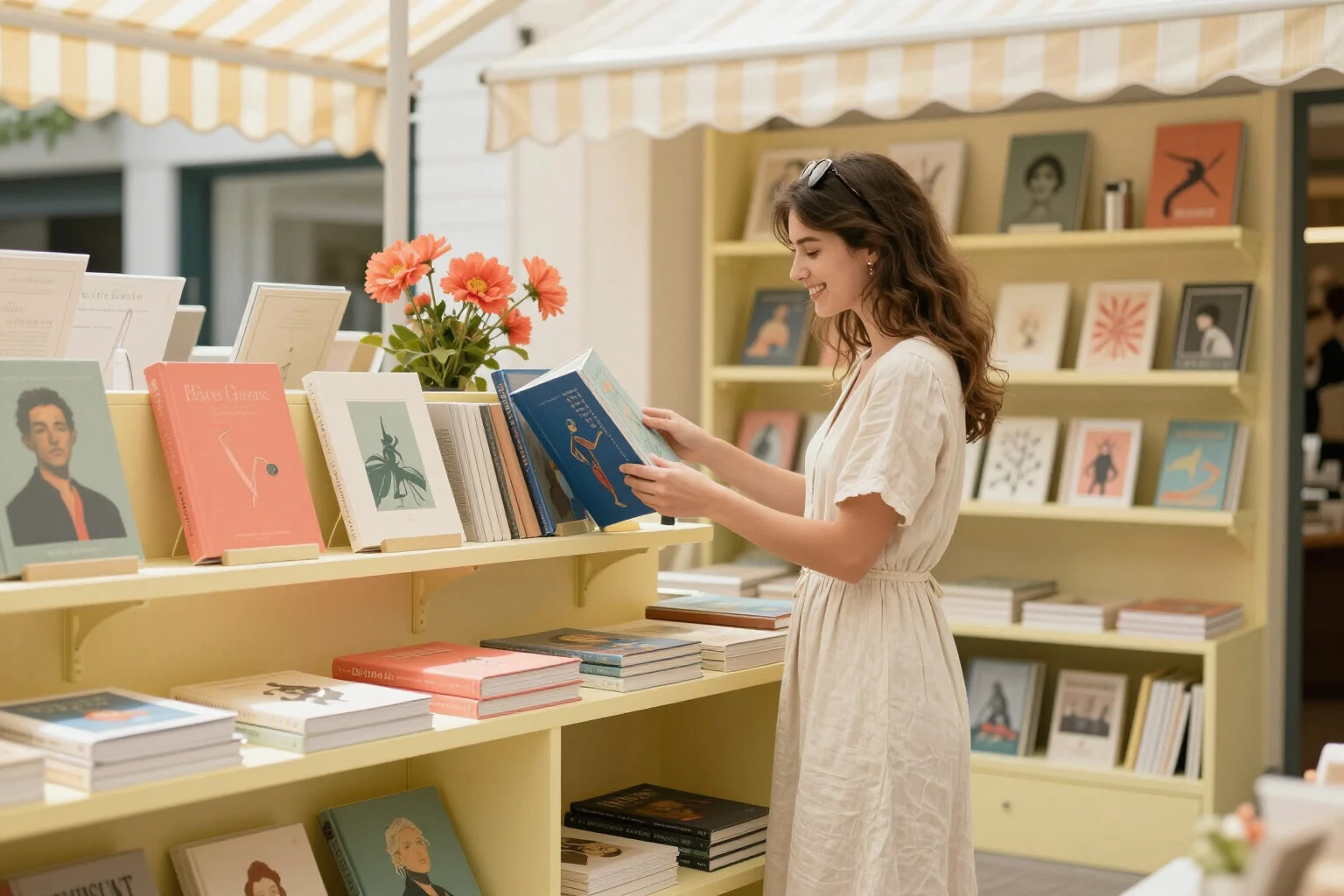 Девушка выбирает художественную книгу в солнечной книжной лавке